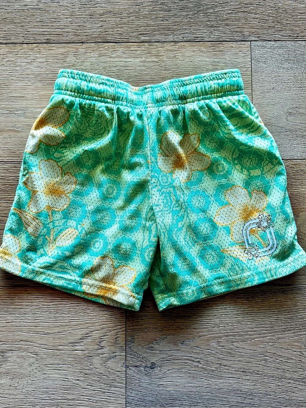 Overtime HIP Bloom Mesh Shorts Floral Swim Trunks Green & Yellow Boys Medium